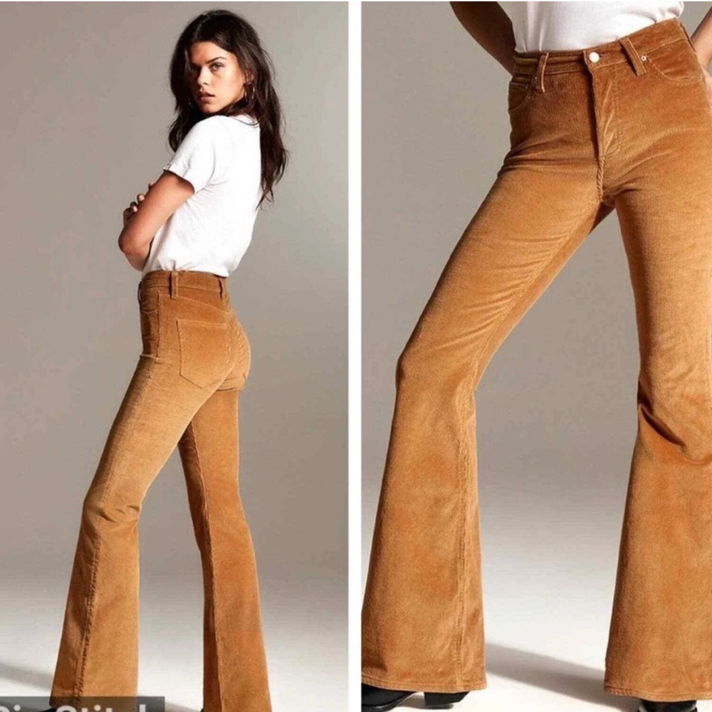 Denim Forum The Marianne Flare High Rise Light Brown Tan Corduroy Flare Pants 27
